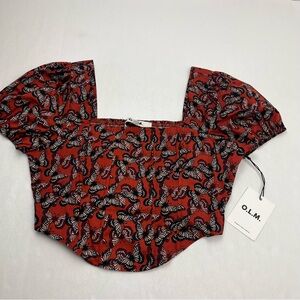 O.L.M. Butterfly Corset Puff Sleeve Cropped Top Red Black Womens Large Fairy NEW
